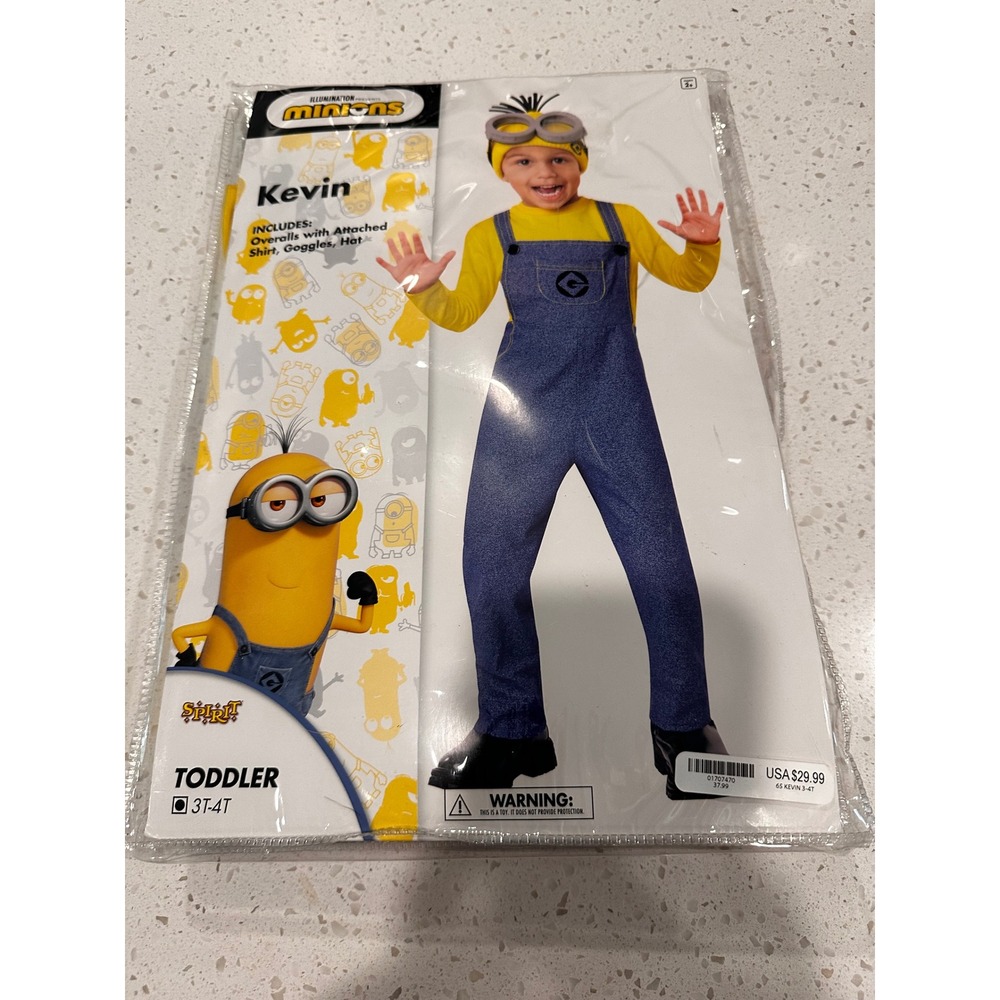 Spirit Halloween Minions Kevin Costume Toddler 3T-4T Jumpsuit Hat Goggles New
